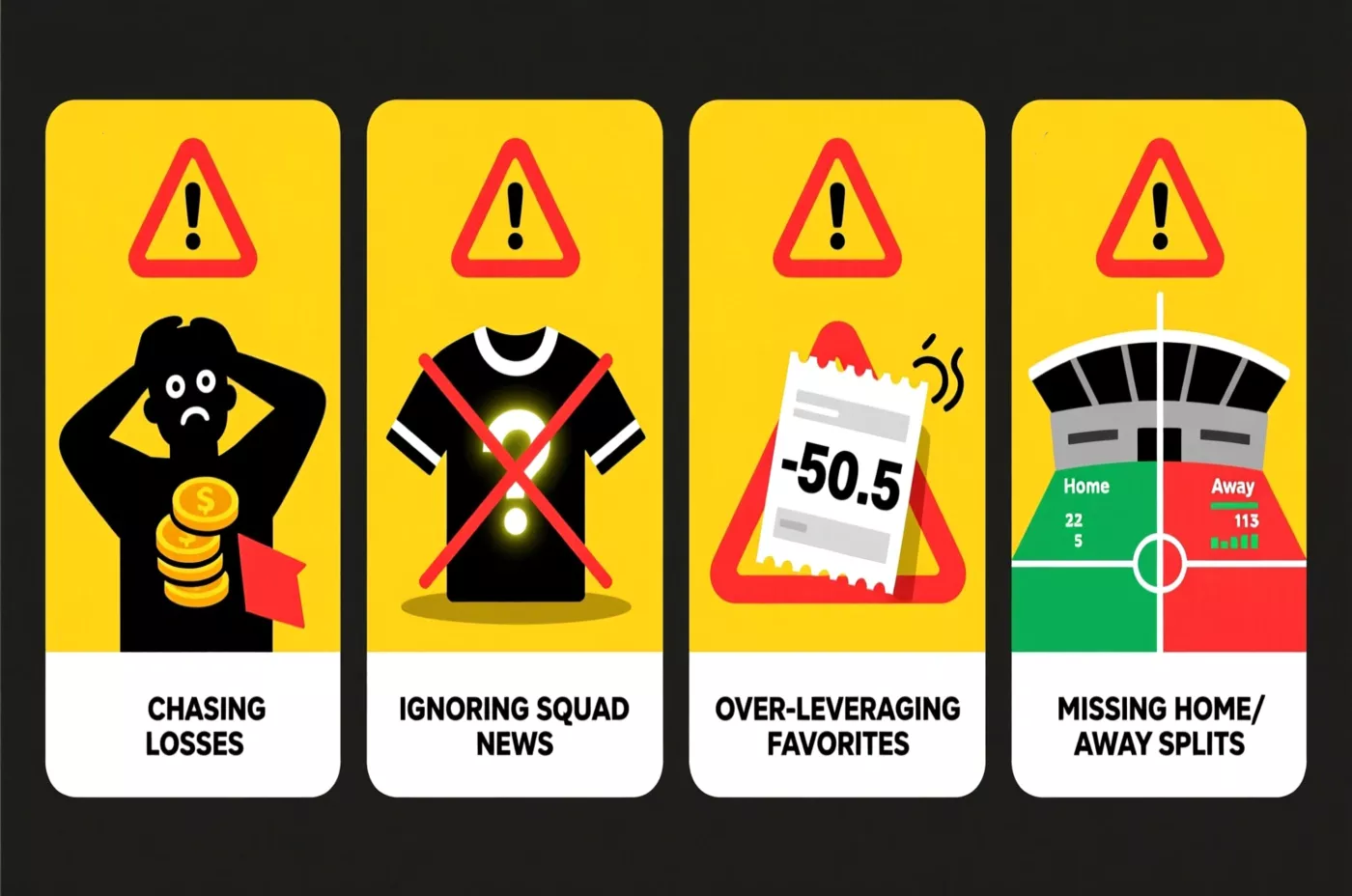 Warning guide showing common rugby handicap betting mistakes including chasing losses and ignoring squad news