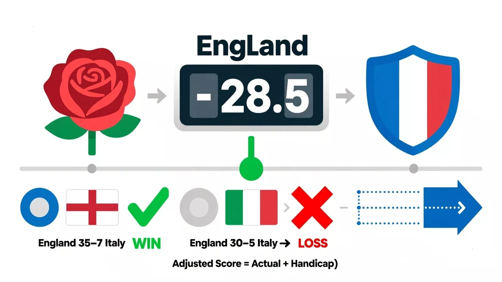 Educational diagram explaining how rugby handicap betting works with England vs Italy example showing point adjustments