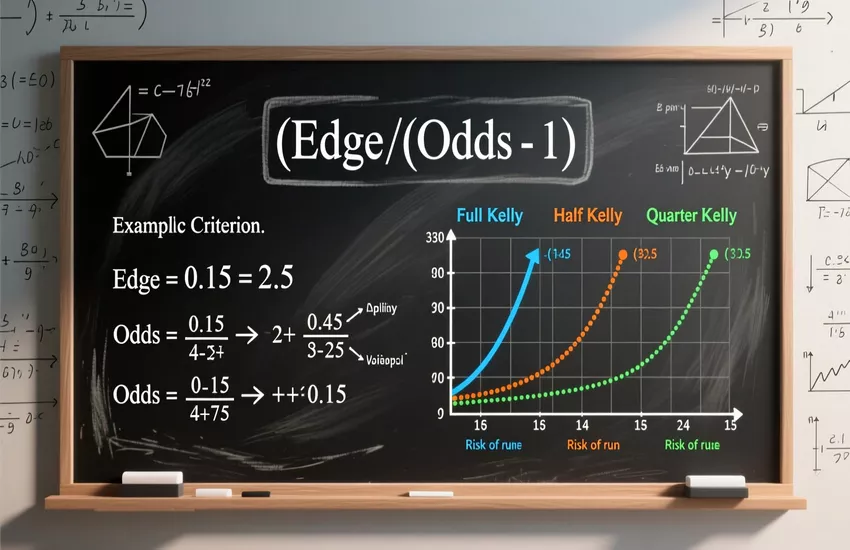 Kelly Criterion formula visualization with mathematical calculations and Full Kelly versus fractional Kelly comparison