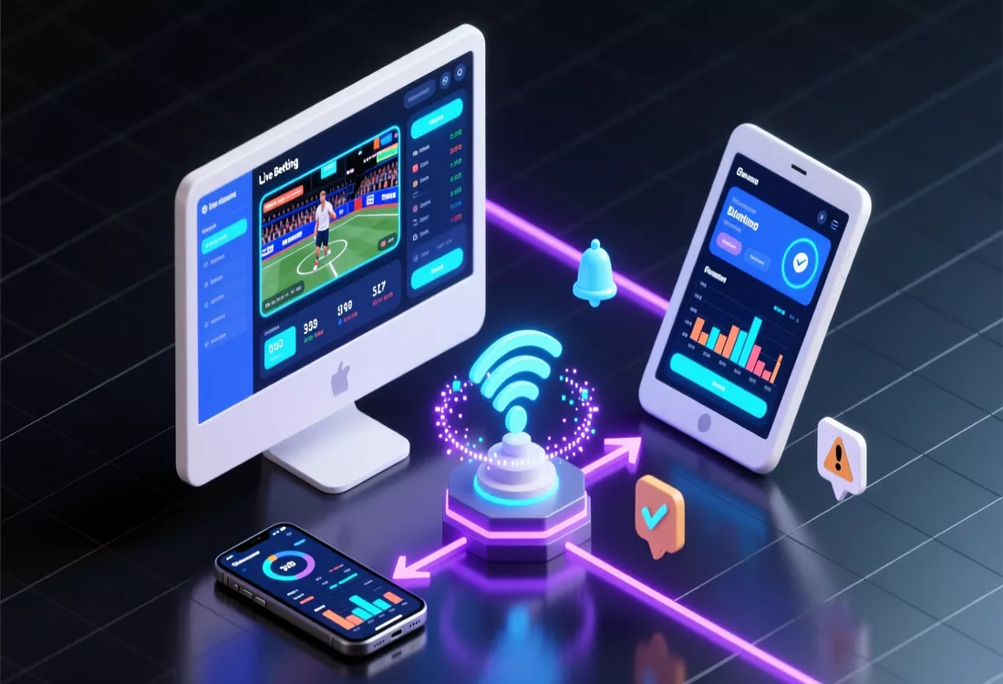 Live betting technology tools setup showing multiple screens with match stream, betting platform, and statistics