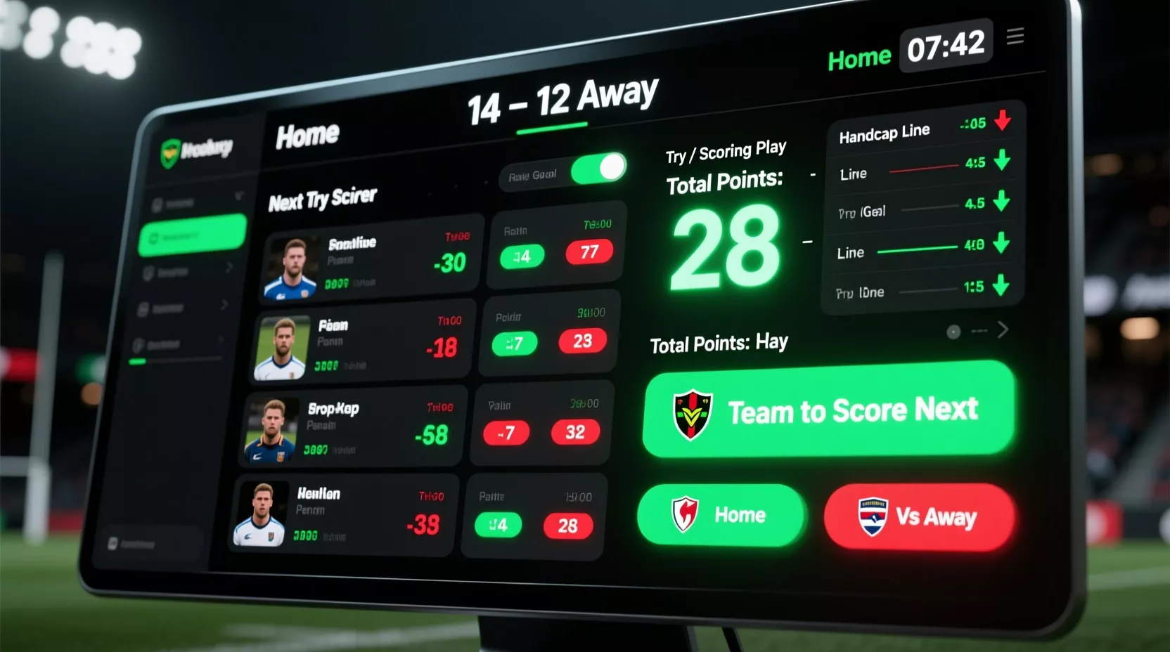 Live rugby betting markets dashboard showing next try scorer, scoring play options, and real-time odds