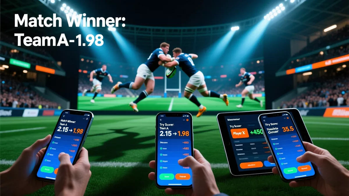 Live rugby betting with real-time odds displayed on mobile devices during an intense stadium match