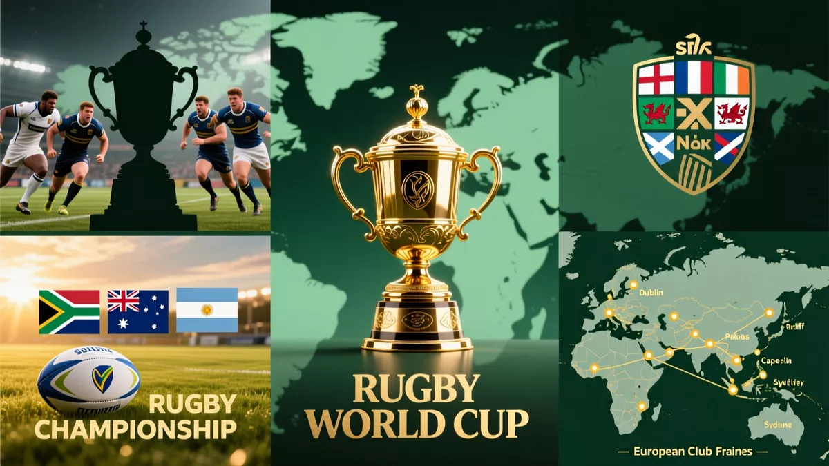 Collage featuring Rugby World Cup trophy, Six Nations, Rugby Championship and European club competitions