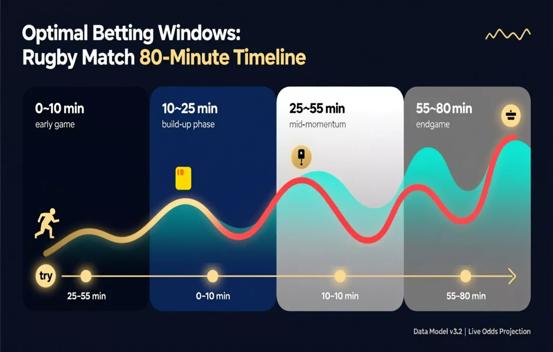 Optimal rugby betting timing windows chart showing prime betting opportunities throughout an 80-minute match