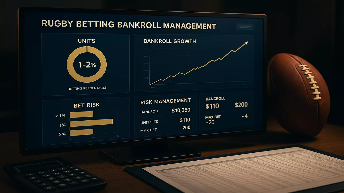 Professional rugby betting bankroll management dashboard showing unit-based betting and risk metrics
