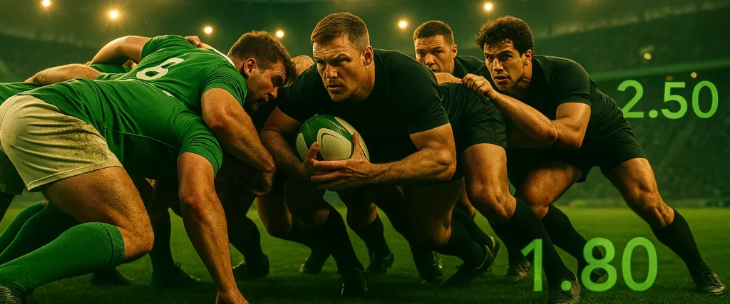 Professional rugby match in action with stadium lights and betting odds overlay