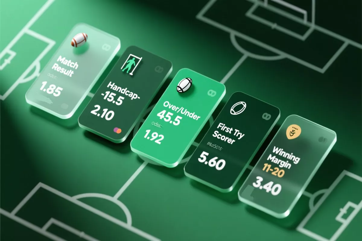 Modern betting slip showing various rugby market types including match result, handicap, over/under, and try scorer bets