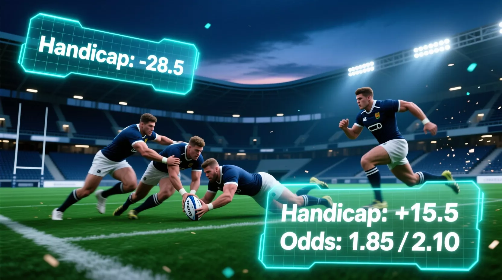 Rugby handicap betting with digital odds overlay showing betting spreads on live match action