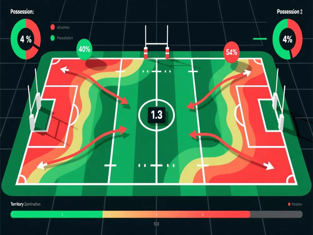 Rugby momentum and territory control visualization with heat maps showing possession zones and attacking phases