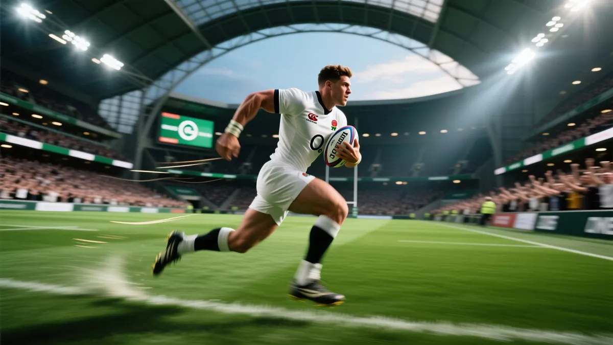 Rugby winger scoring a try in professional match with crowd in background
