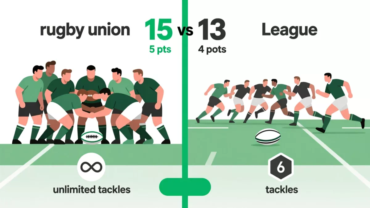 Visual comparison of rugby union (15 players, 5 point tries) versus rugby league (13 players, 4 point tries)