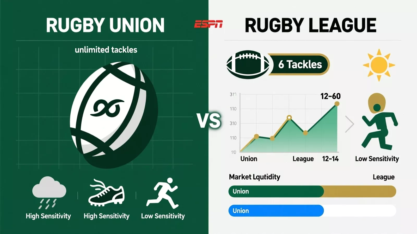 Detailed comparison infographic of Rugby Union versus Rugby League handicap betting differences and strategies