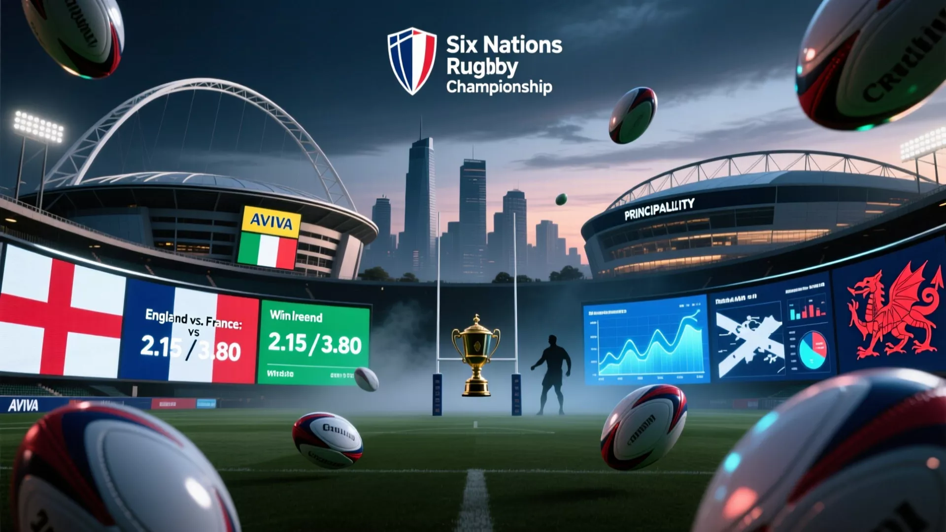 Six Nations Championship betting guide featuring rugby stadiums and betting odds displays