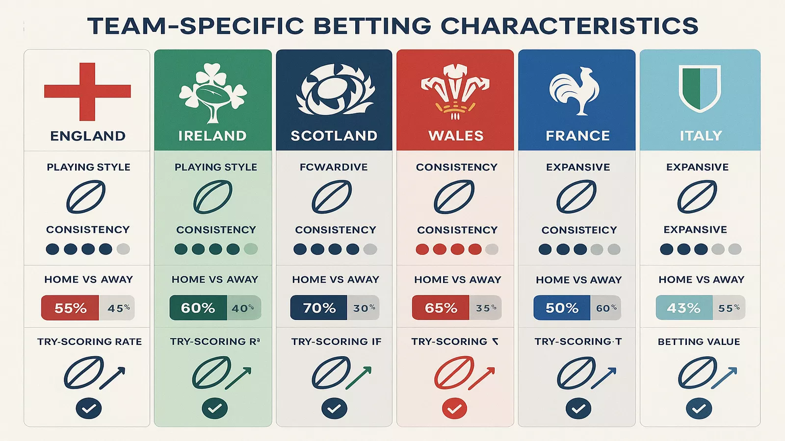 Team-specific betting analysis comparing playing styles and performance patterns of all Six Nations teams
