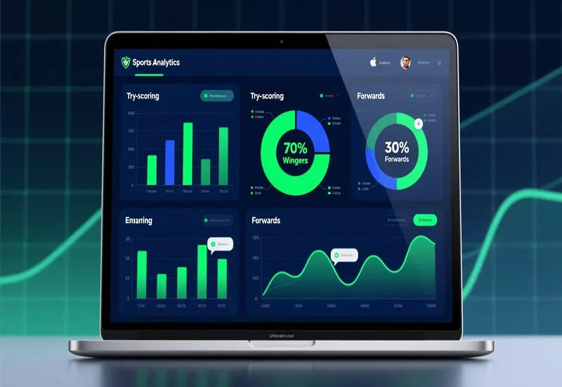 Analytics dashboard displaying try scorer statistics and performance data with charts and graphs