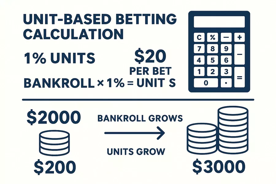 Unit-based betting system diagram showing calculation of 1 percent units and automatic bankroll adjustment