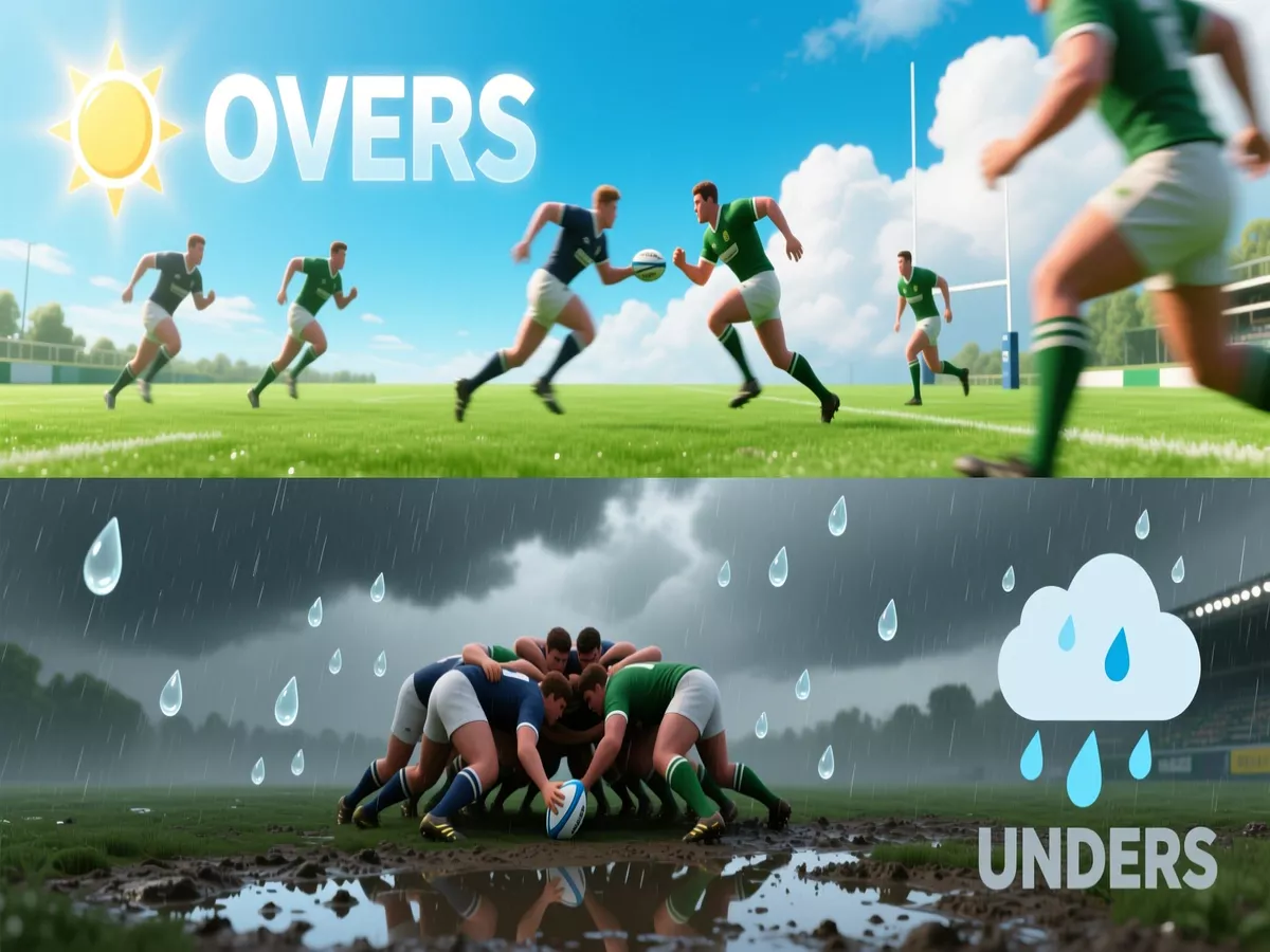 Split comparison showing sunny conditions with open attacking play versus rainy conditions with forward-dominated rugby