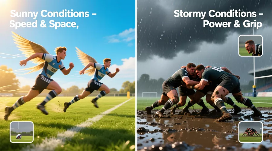 Split comparison of rugby match in sunny versus rainy weather conditions affecting try scoring